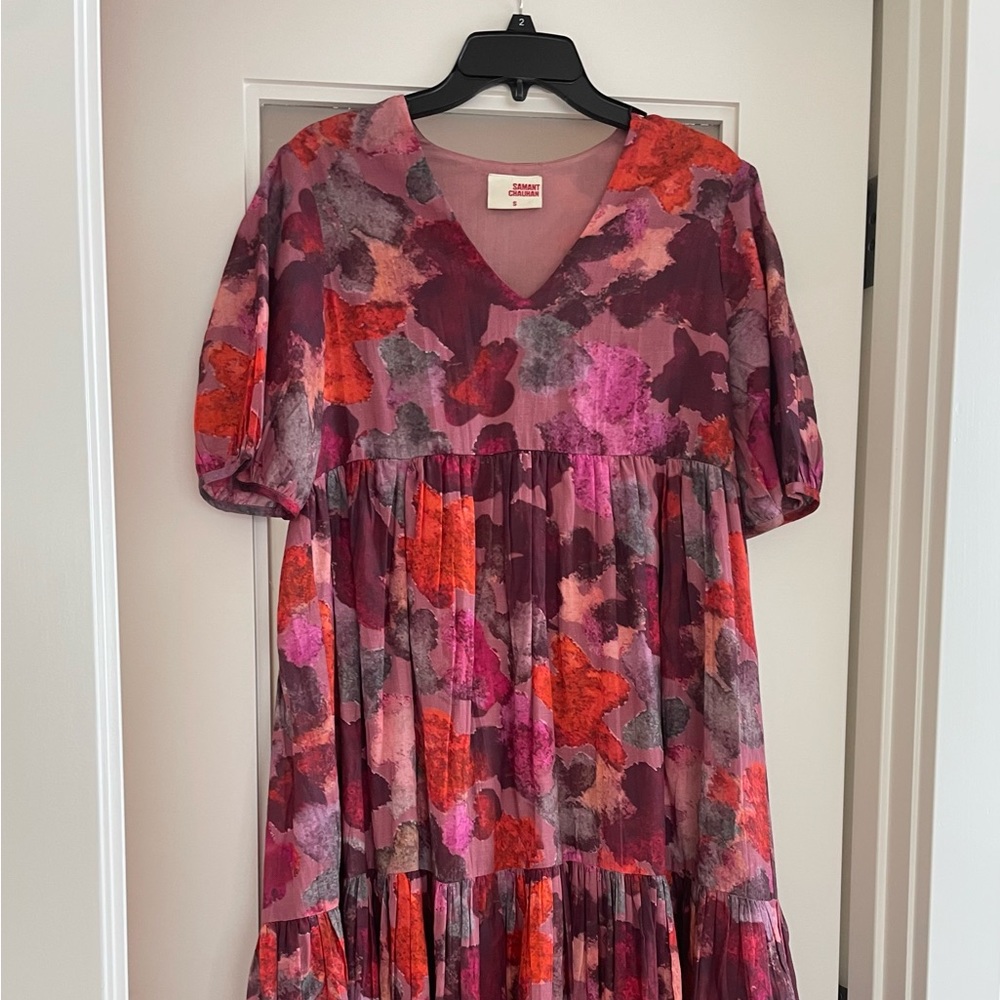 Anthropologie Samant Chauhan Dress Clemencia Midi Red Pink Floral Tiered Small - Picture 3 of 6